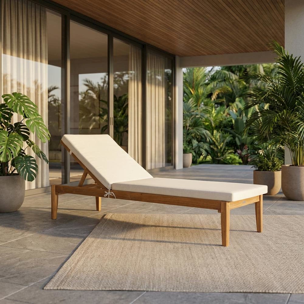 Outdoor Sunlounger In Natural Acacia Wood, Brass Accents, Polyester Cushion. Picture 2