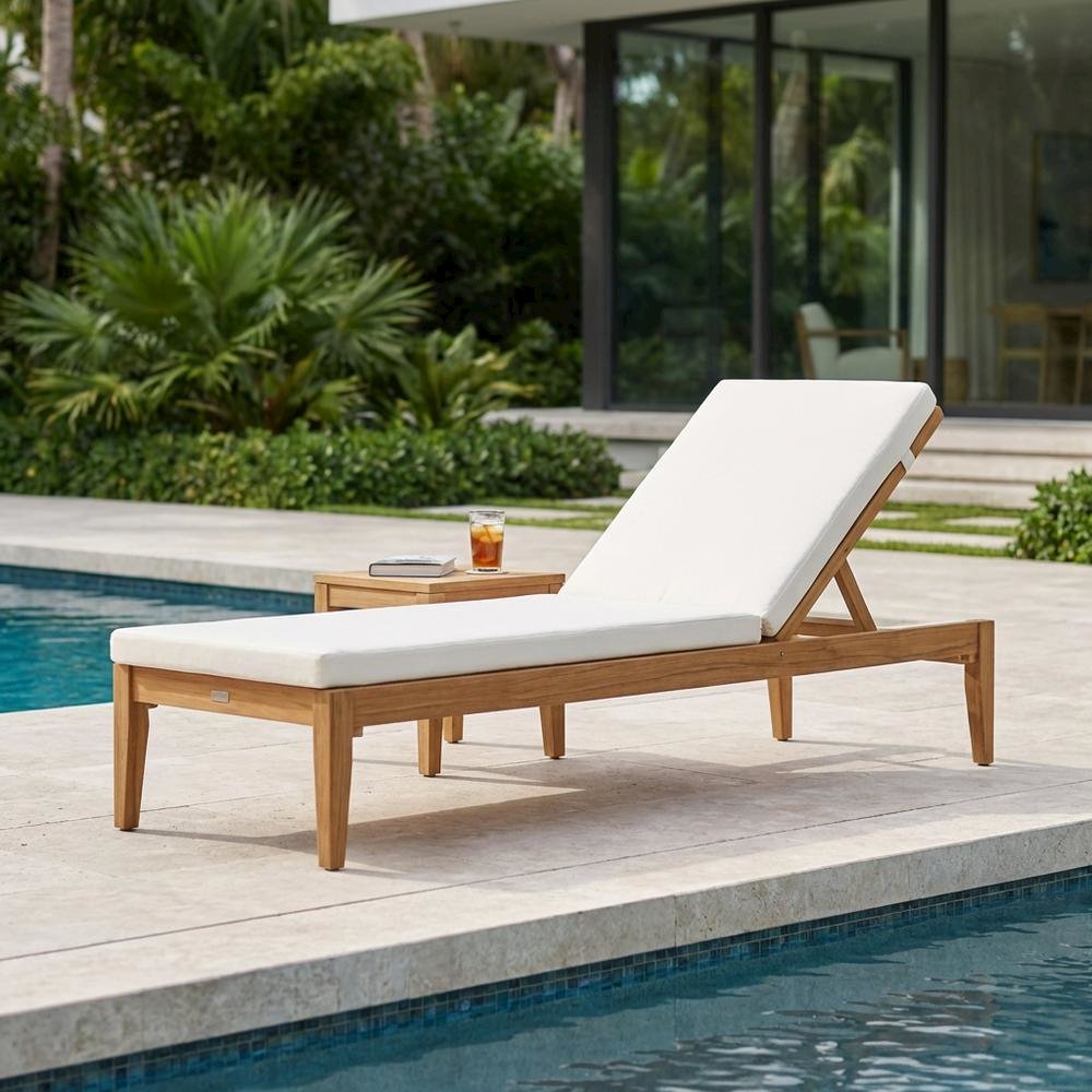 Outdoor Sunlounger In Natural Acacia Wood, Brass Accents, Polyester Cushion. Picture 3