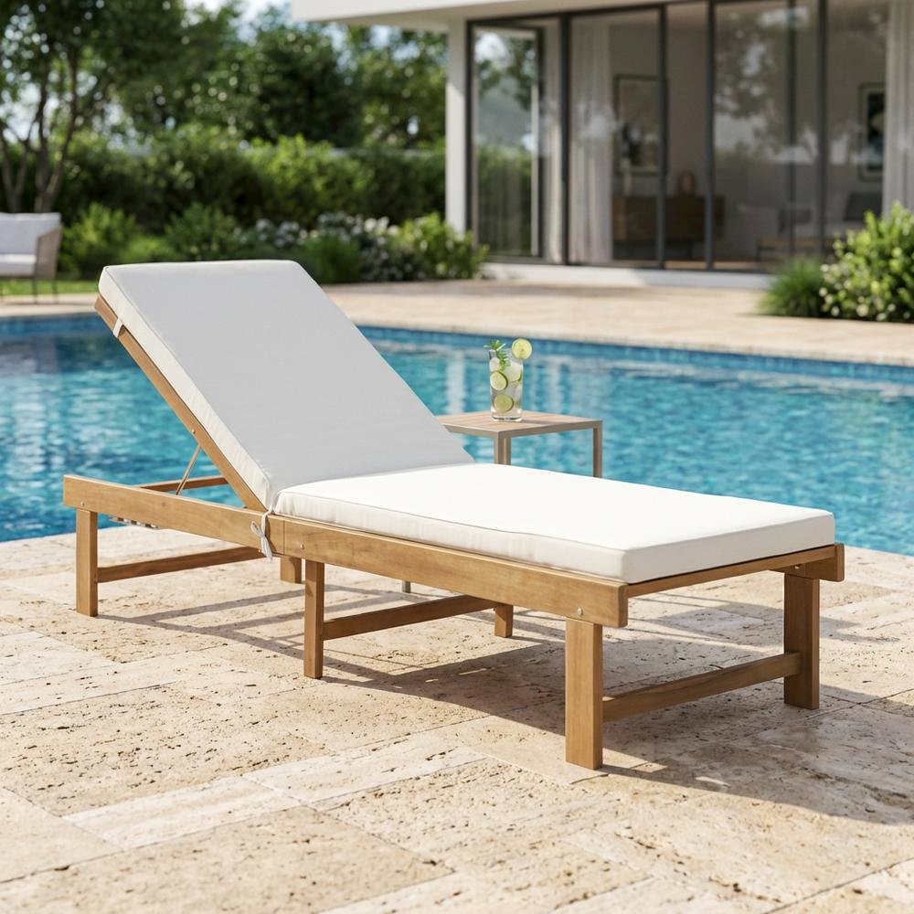 Outdoor Lounge Chair In Natural Acacia With Brass Metal Finish. Picture 3
