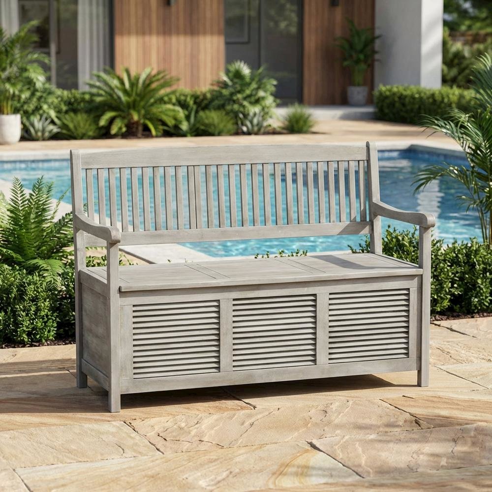 Outdoor Storage Bench In Grey Acacia With Galvanized Steel Frame. Picture 3