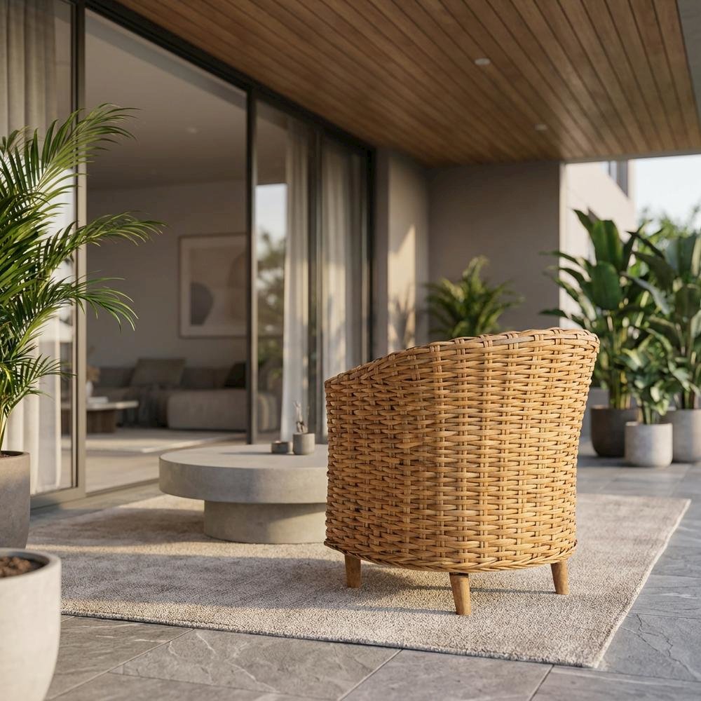Outdoor Rattan Barrel Chair With White Cotton Fabric And Honey Oak Finish. Picture 2