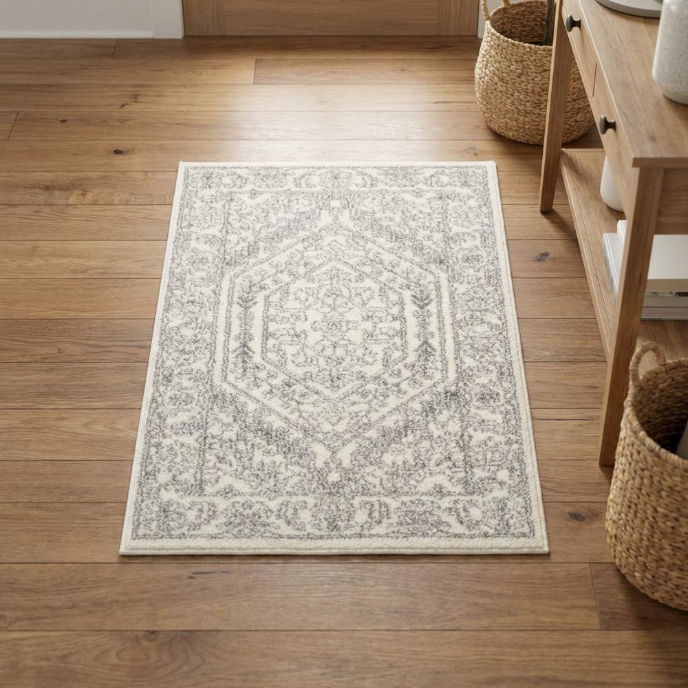 Ivory and Silver Area Rug with Power Loomed Polypropylene Pile for Accent Spaces. Picture 3