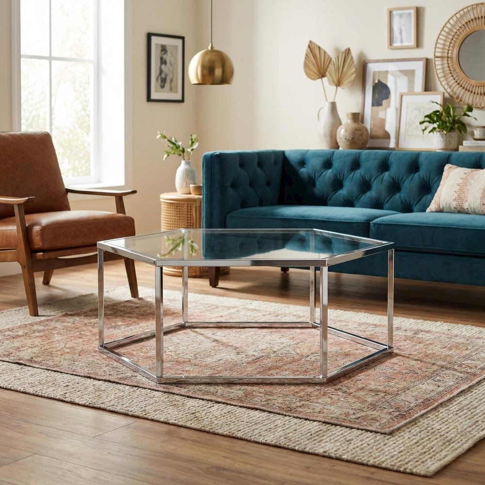 Chrome and Glass Coffee Table with Metal Frame and Modern Design. Picture 2