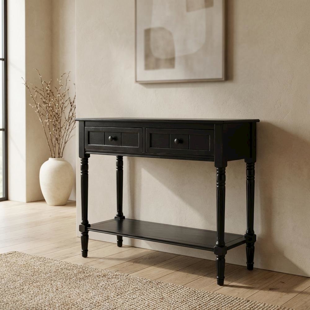 Black wooden console table with two drawers and sleek design. Picture 2