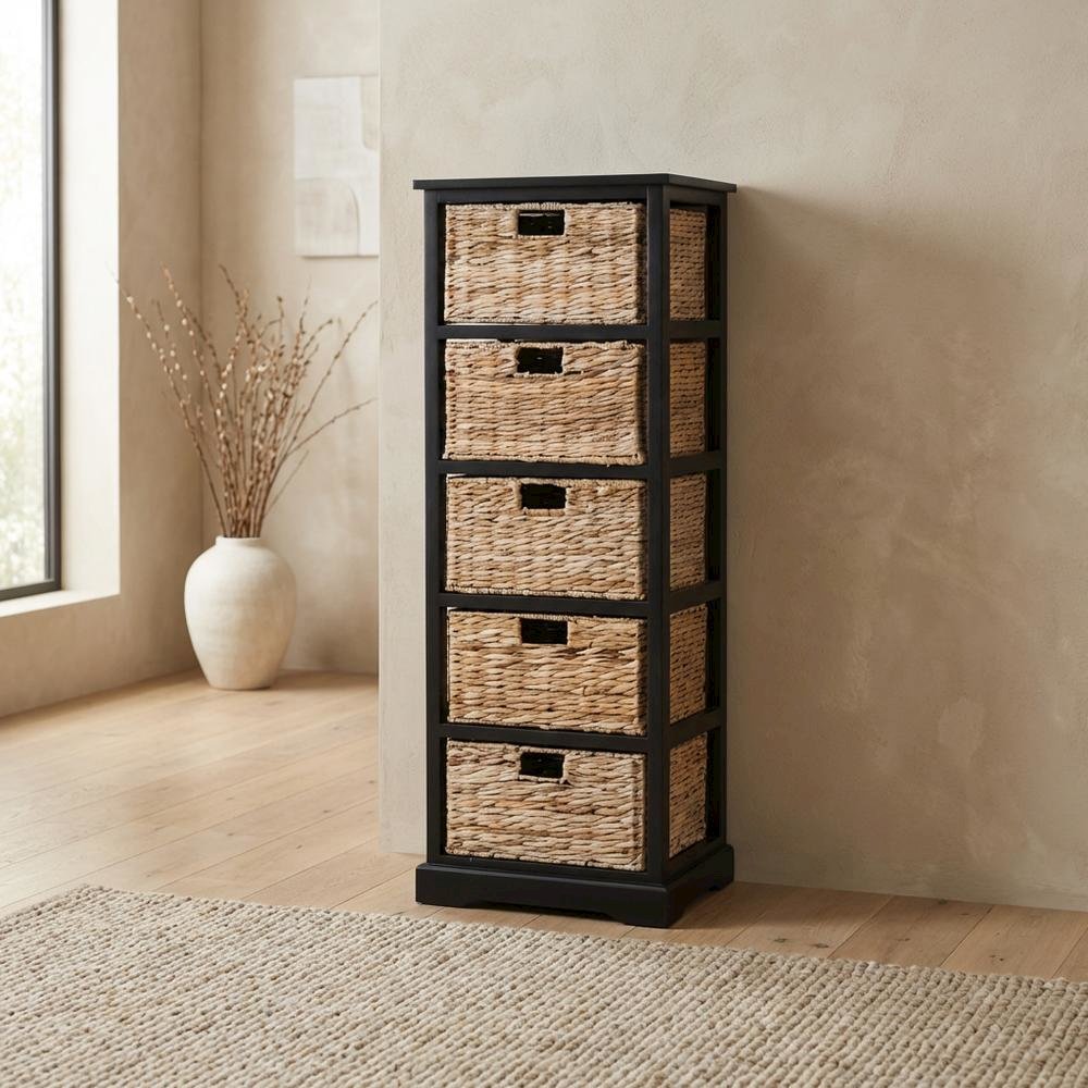 Black 5-Tier Wicker Basket Storage Tower, Wood Frame, Vertical Design. Picture 2