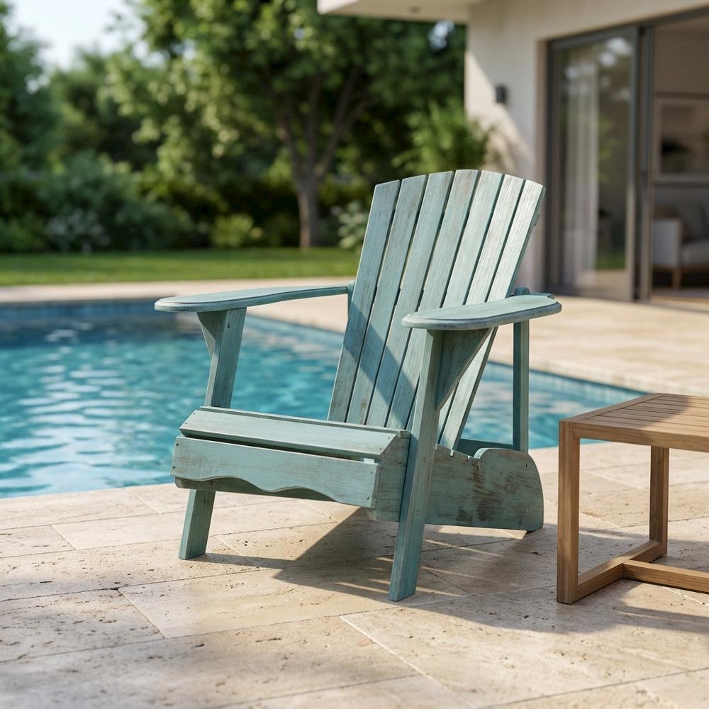 Beach House Blue Acacia Adirondack Chair With Galvanized Steel Hardware. Picture 3