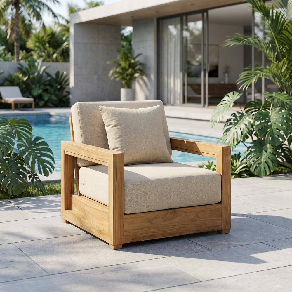 Brazilian Teak Wood Armchair in Finish with Cushioned Seating. Picture 3
