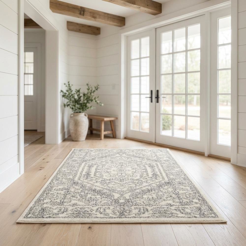 Ivory and Silver Area Rug with Power Loomed Polypropylene Pile for Accent Spaces. Picture 2