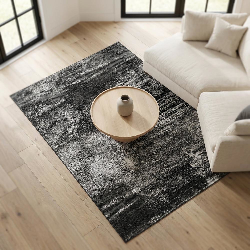 Silver and Black Area Rug with Power Loomed Polypropylene Pile for Living Room. Picture 3