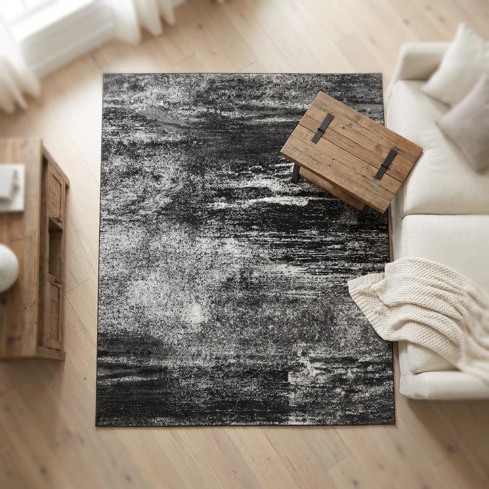 Silver and Black Area Rug with Power Loomed Polypropylene Pile for Living Room. Picture 2