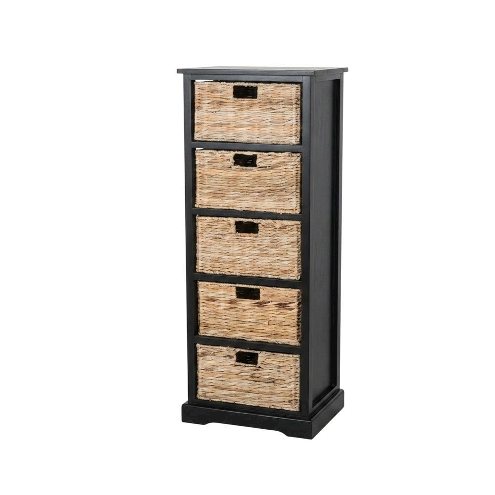 Black 5-Tier Wicker Basket Storage Tower, Wood Frame, Vertical Design. Picture 1