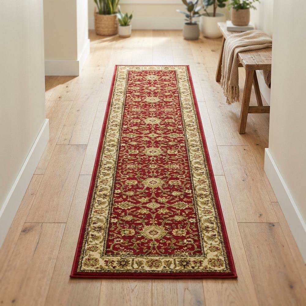 Red and ivory area rug with power loomed polypropylene pile, runner size. Picture 3