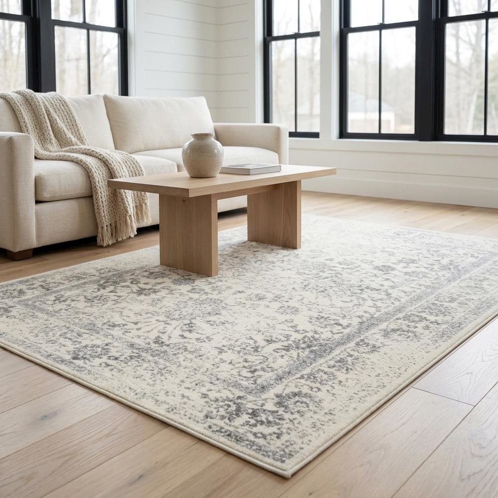 Ivory and Silver Area Rug with Power Loomed Design and Plush Polypropylene Pile. Picture 2