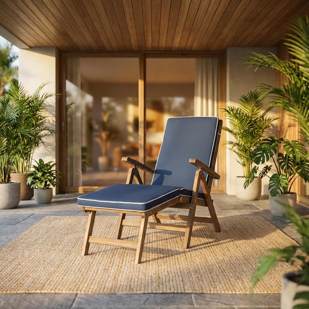 Outdoor Lounge Chair In Finished Acacia, Foam-Filled Seat, Galvanized Steel. Picture 2