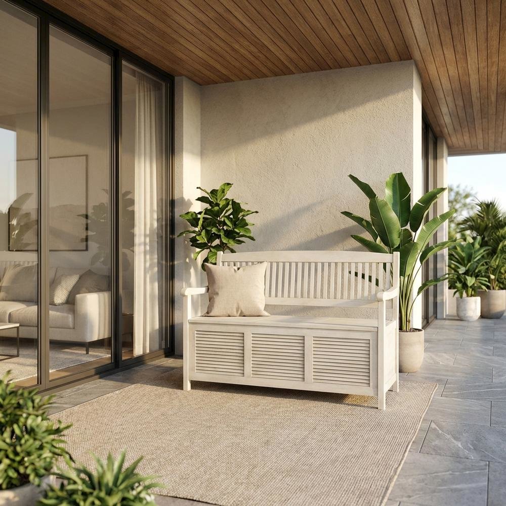 Outdoor Storage Bench In Distressed White, Galvanized Steel Frame, Metal Casters. Picture 2