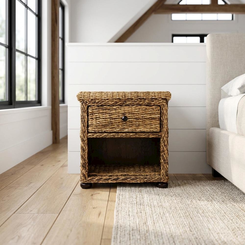 Natural Brown Rattan Nightstand with Drawer and 8-Inch Storage Shelf. Picture 2