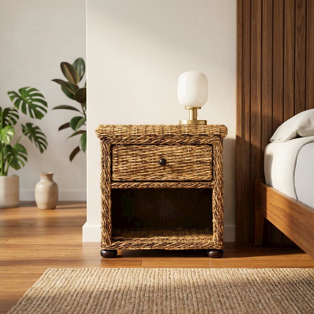 Natural Brown Rattan Nightstand with Drawer and 8-Inch Storage Shelf. Picture 3