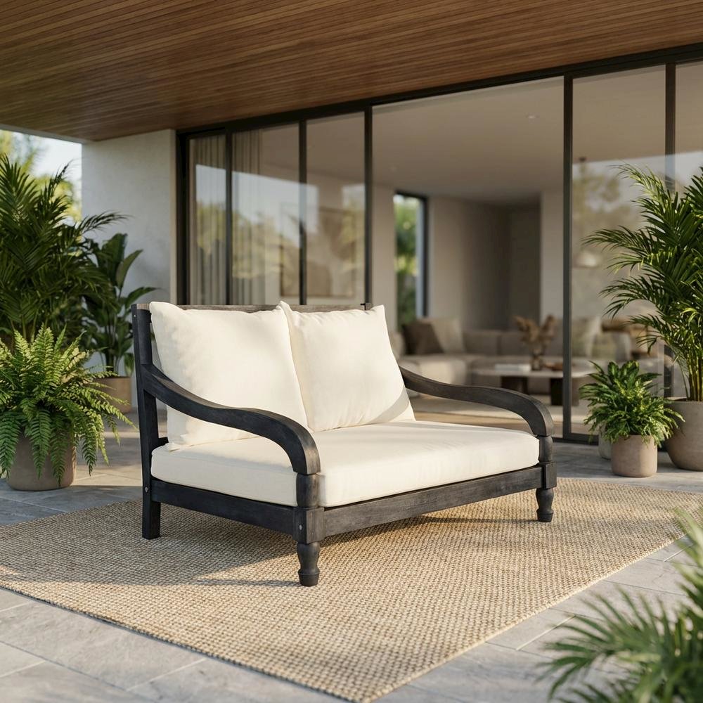 Relaxing Outdoor Lounge Chair, Dark Grey Acacia Wood, Silver Galvanized Steel. Picture 2