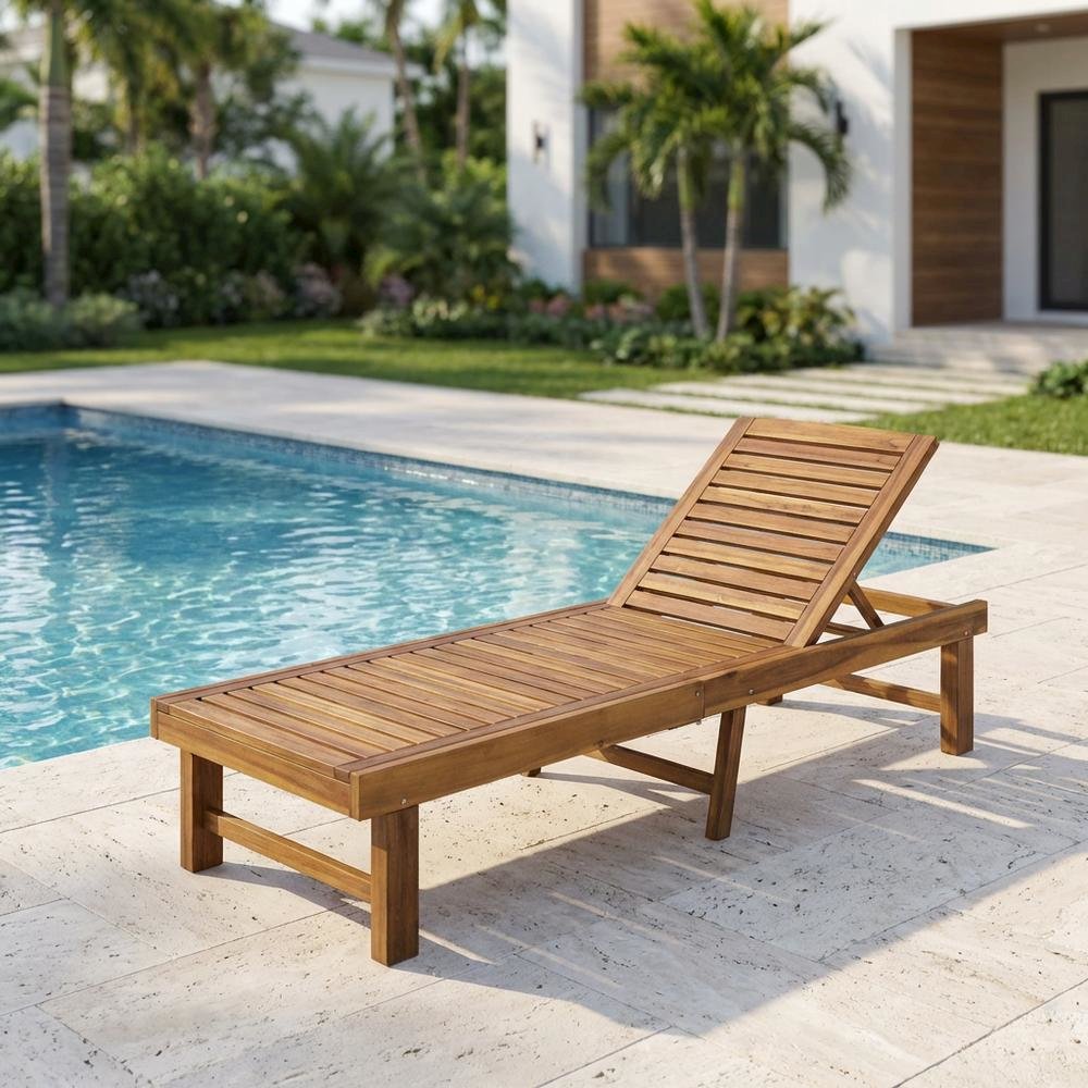 Outdoor Lounge Chair With Acacia Wood And Silver Metal Finish. Picture 3
