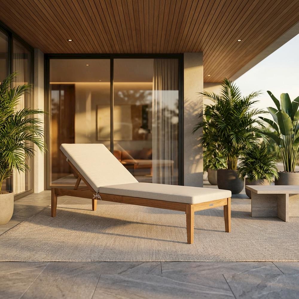 Elegant Outdoor Sun Lounger With Acacia Wood Finish, Brass Accents, And Cushion. Picture 2