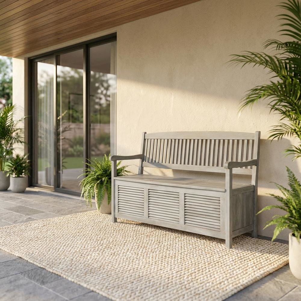 Outdoor Storage Bench In Grey Acacia With Galvanized Steel Frame. Picture 2