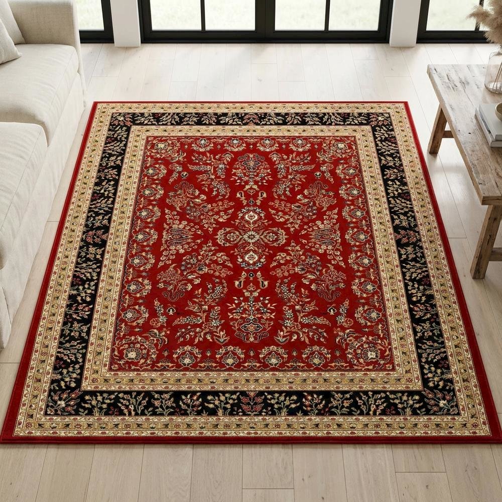 Red and Black Area Rug with Power Loomed Construction and Jute Backing. Picture 2