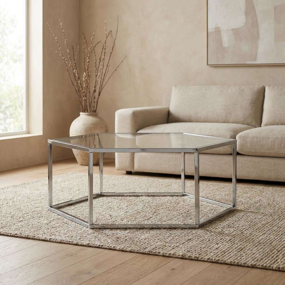 Chrome and Glass Coffee Table with Metal Frame and Modern Design. Picture 3