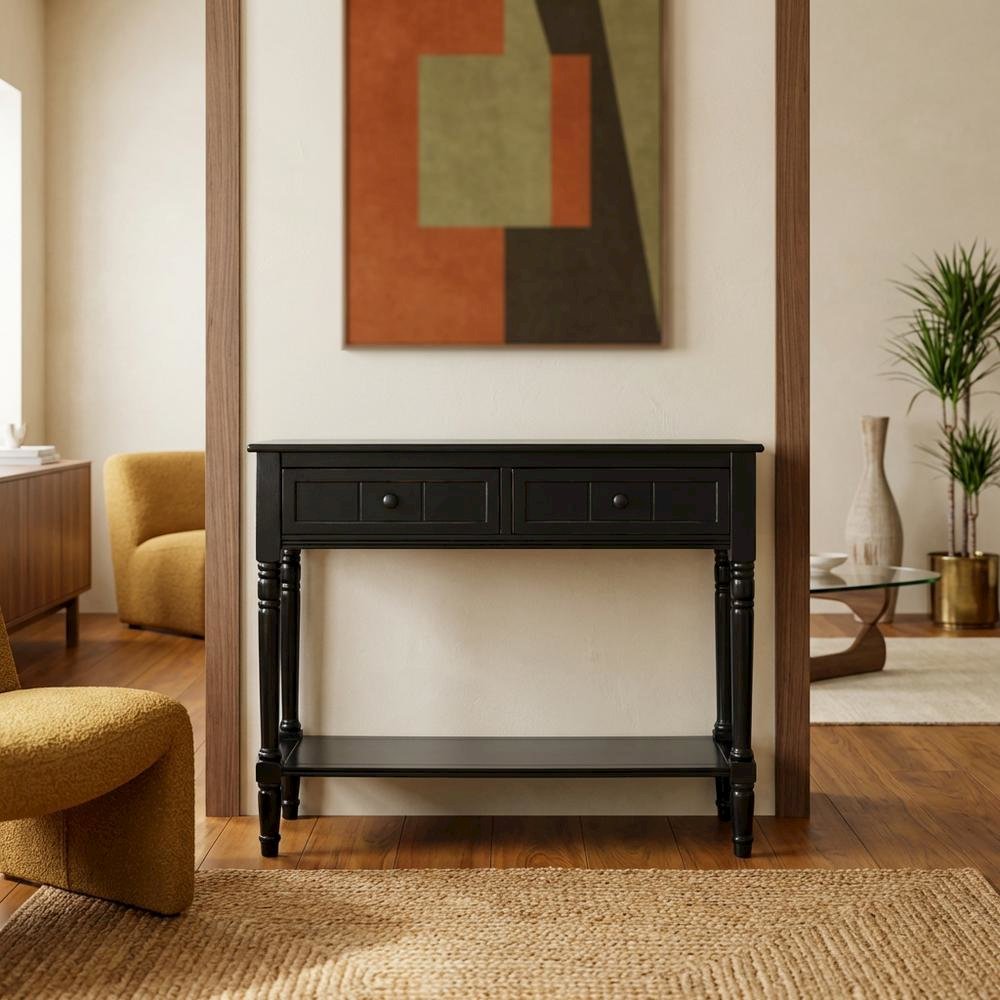Black wooden console table with two drawers and sleek design. Picture 3