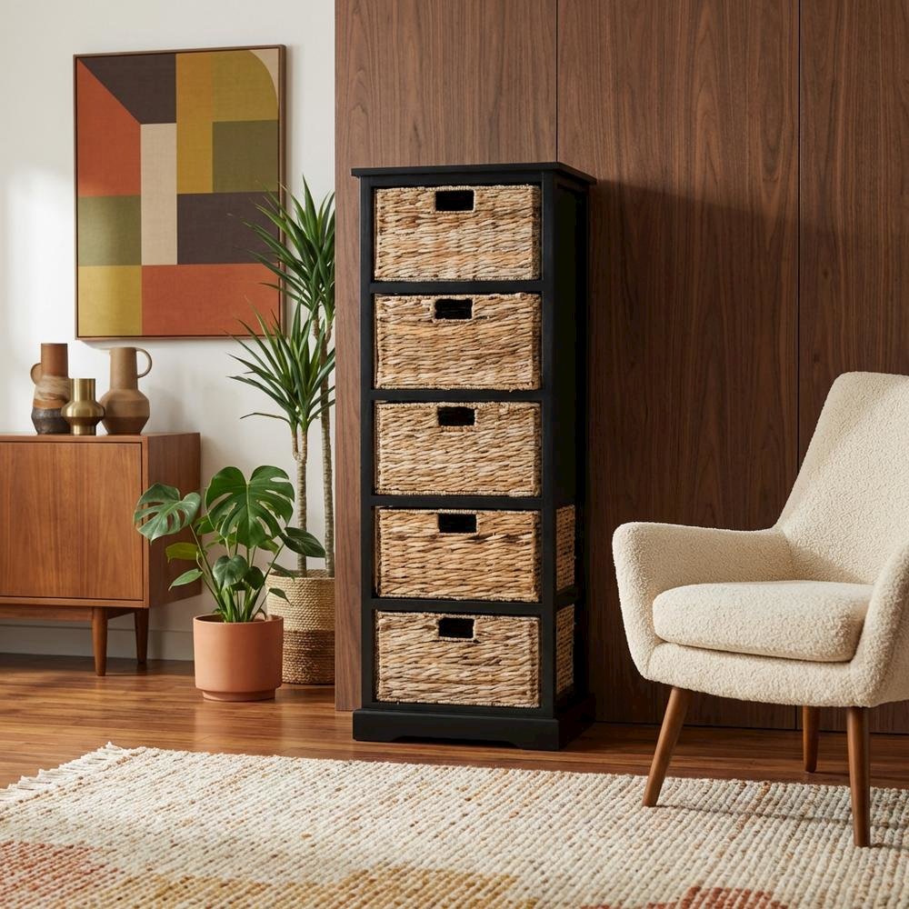 Black 5-Tier Wicker Basket Storage Tower, Wood Frame, Vertical Design. Picture 3