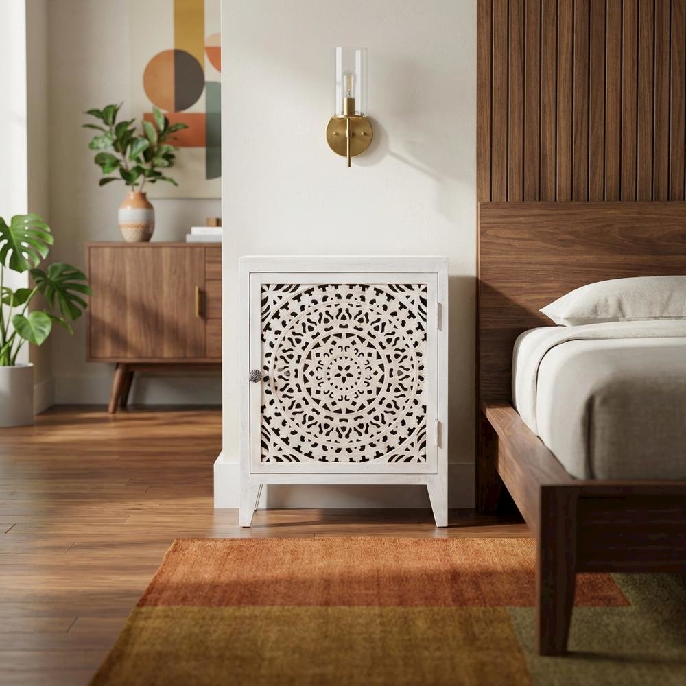 White Nightstand with 2 Shelves and MDF Wood Construction. Picture 3