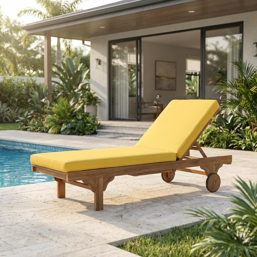 Outdoor Chaise Lounge, Side Table In Natural Eucalyptus Wood, Galvanized Steel. Picture 3