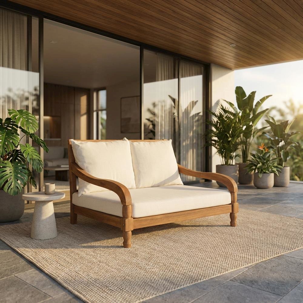 Outdoor Lounger With Brass Metal Accents And Polyester Cushion. Picture 2