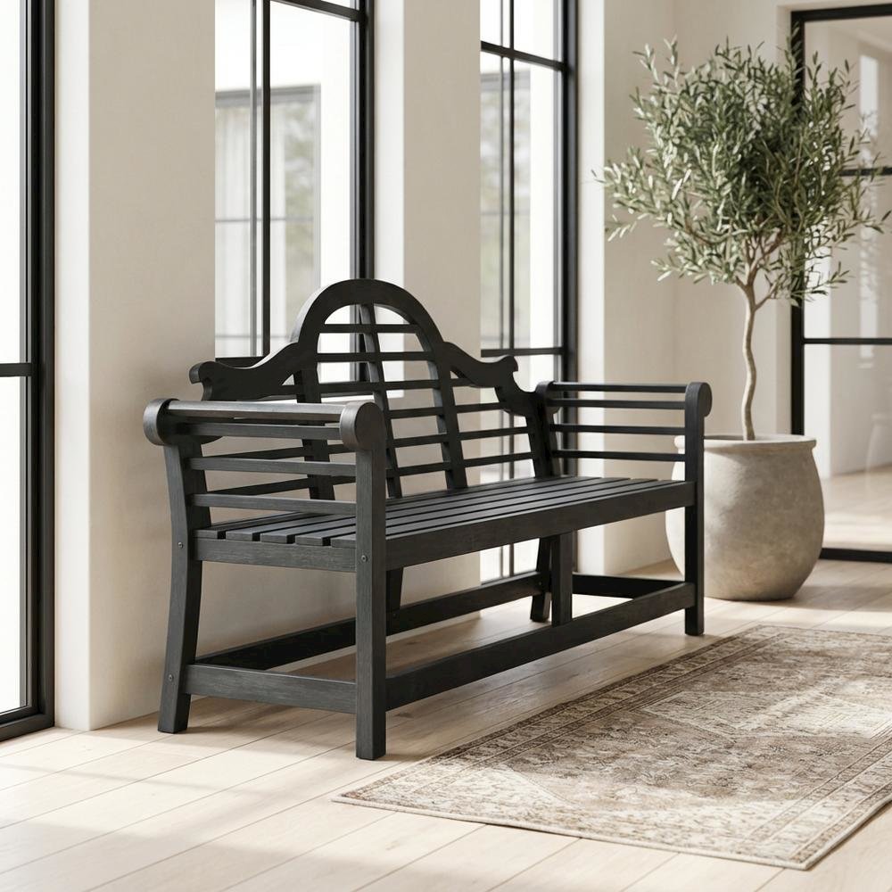Dark Slate Grey Acacia Bench with Galvanized Steel Frame for Outdoor Use. Picture 8