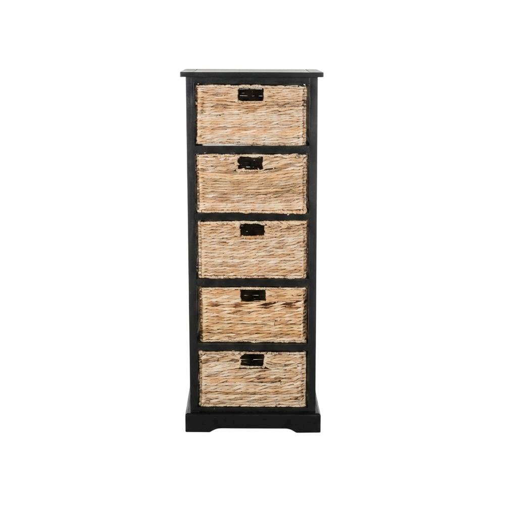 Black 5-Tier Wicker Basket Storage Tower, Wood Frame, Vertical Design. Picture 4
