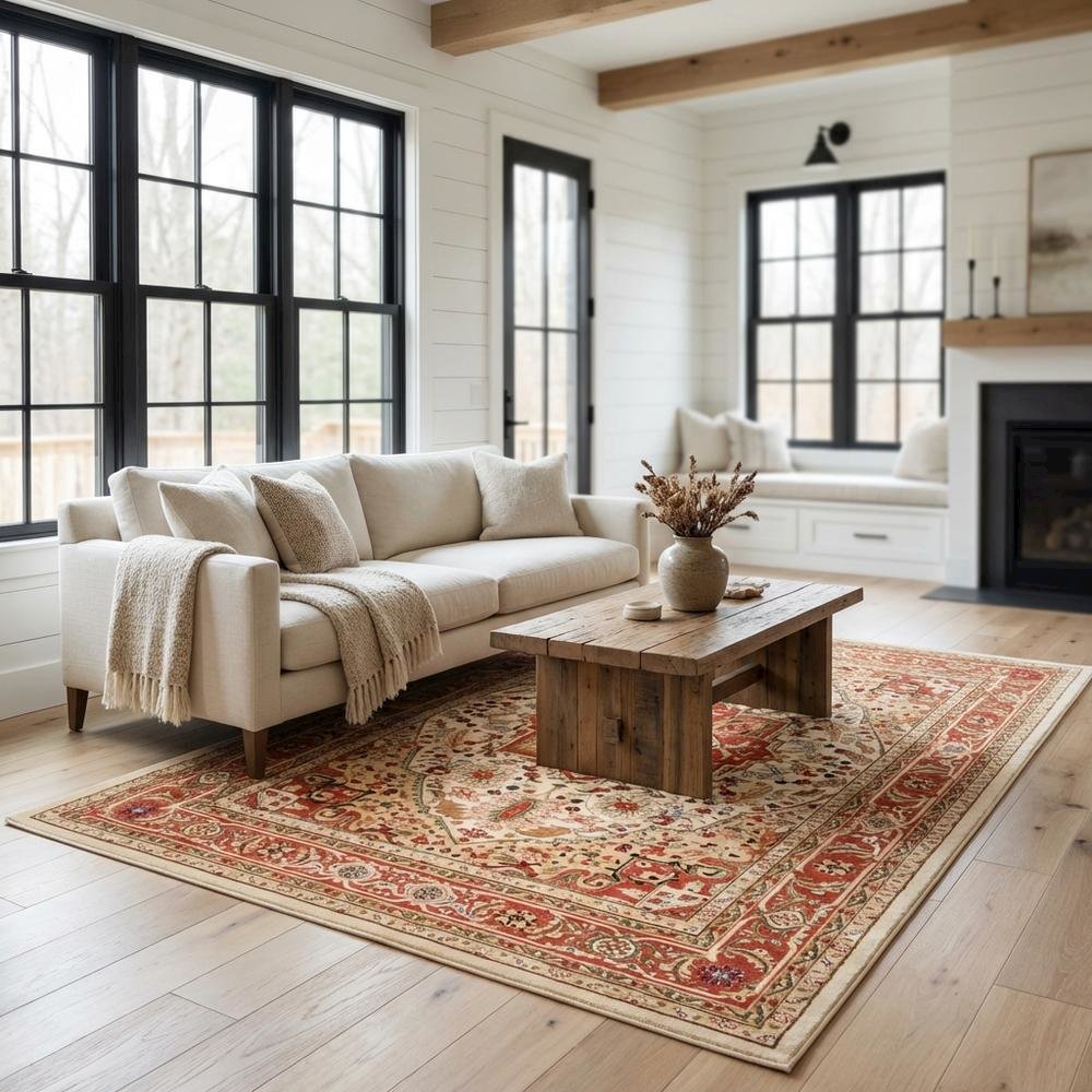 Ivory and Rust Area Rug with Power Loomed Polypropylene Pile and Jute Backing. Picture 2