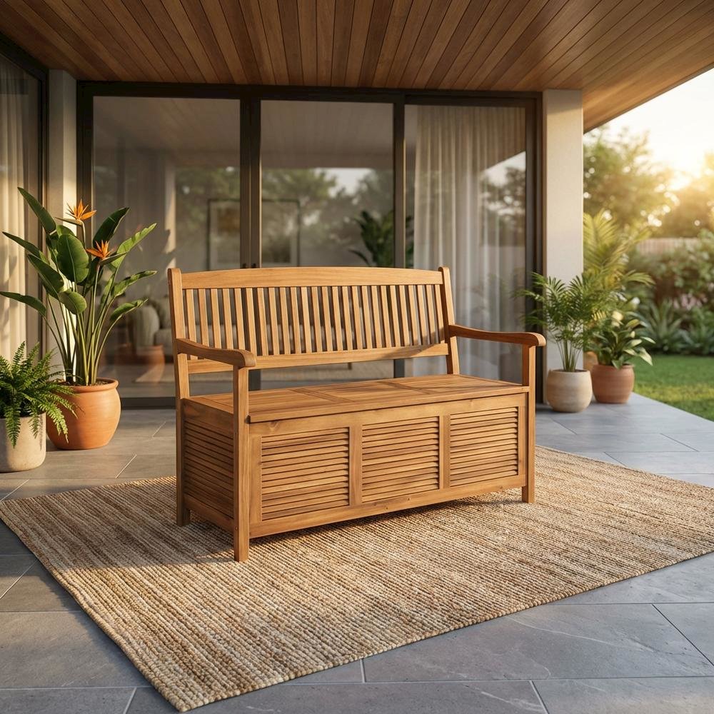 Outdoor Storage Bench With Natural Acacia Wood, Silver Galvanized Steel Accents. Picture 2