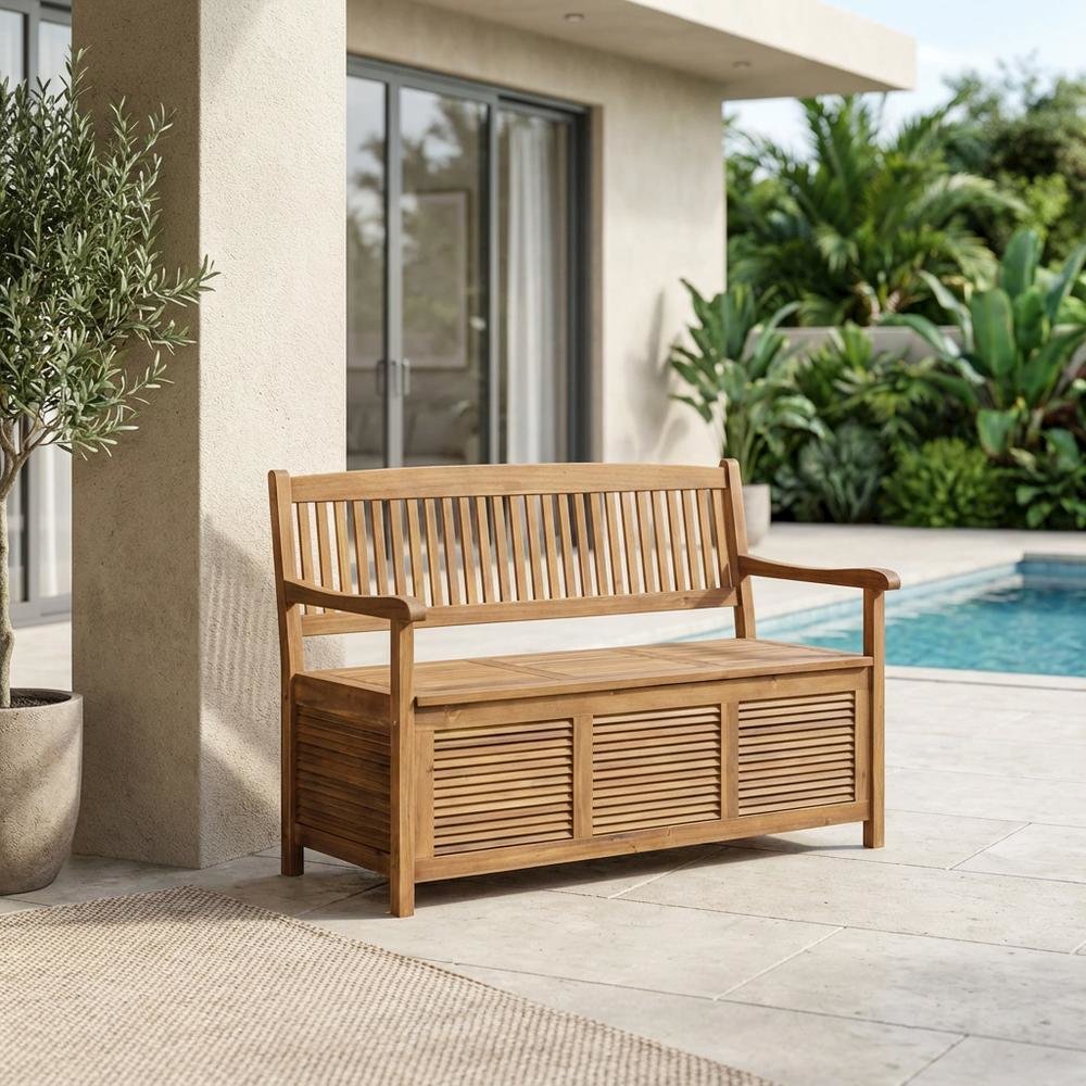 Outdoor Storage Bench With Natural Acacia Wood, Silver Galvanized Steel Accents. Picture 3