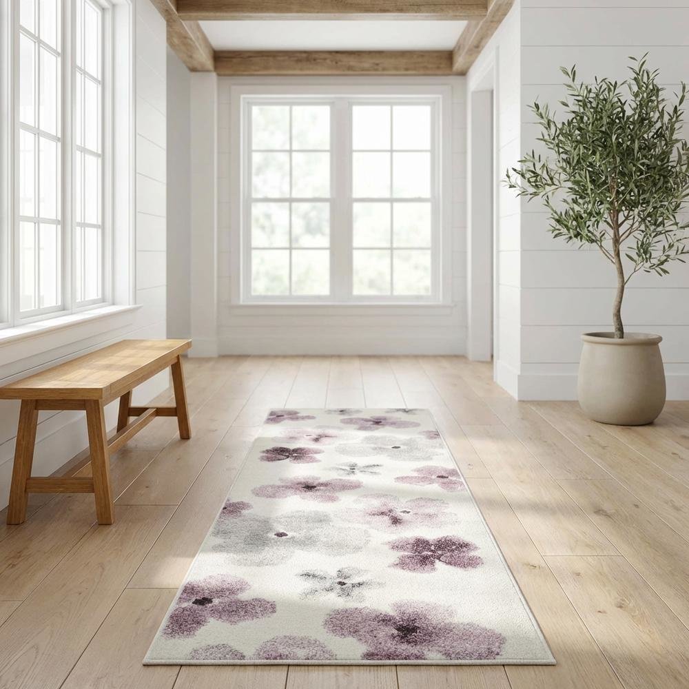 Ivory and Purple Area Rug with Power Loomed Polypropylene Pile Runner Style. Picture 2