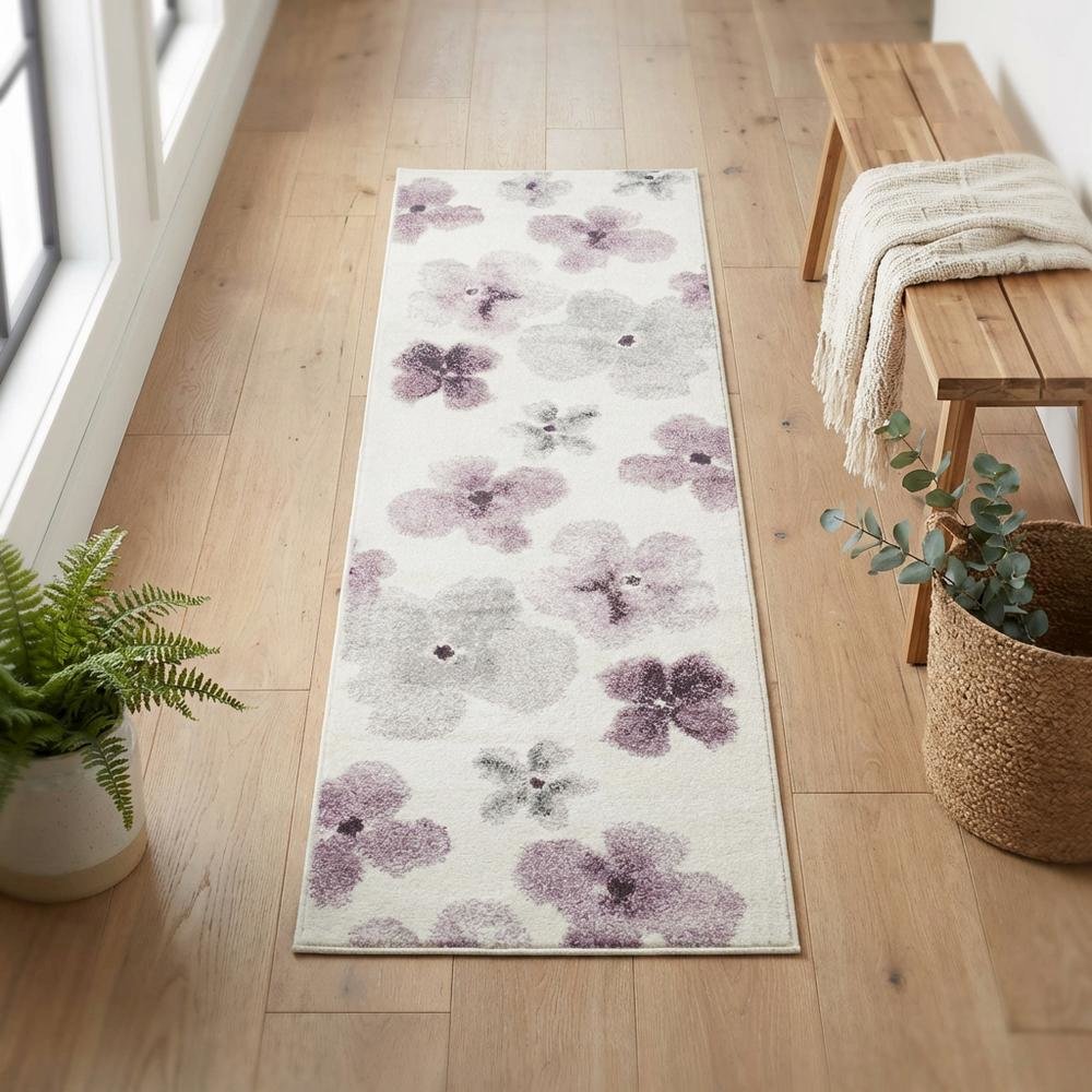 Ivory and Purple Area Rug with Power Loomed Polypropylene Pile Runner Style. Picture 3