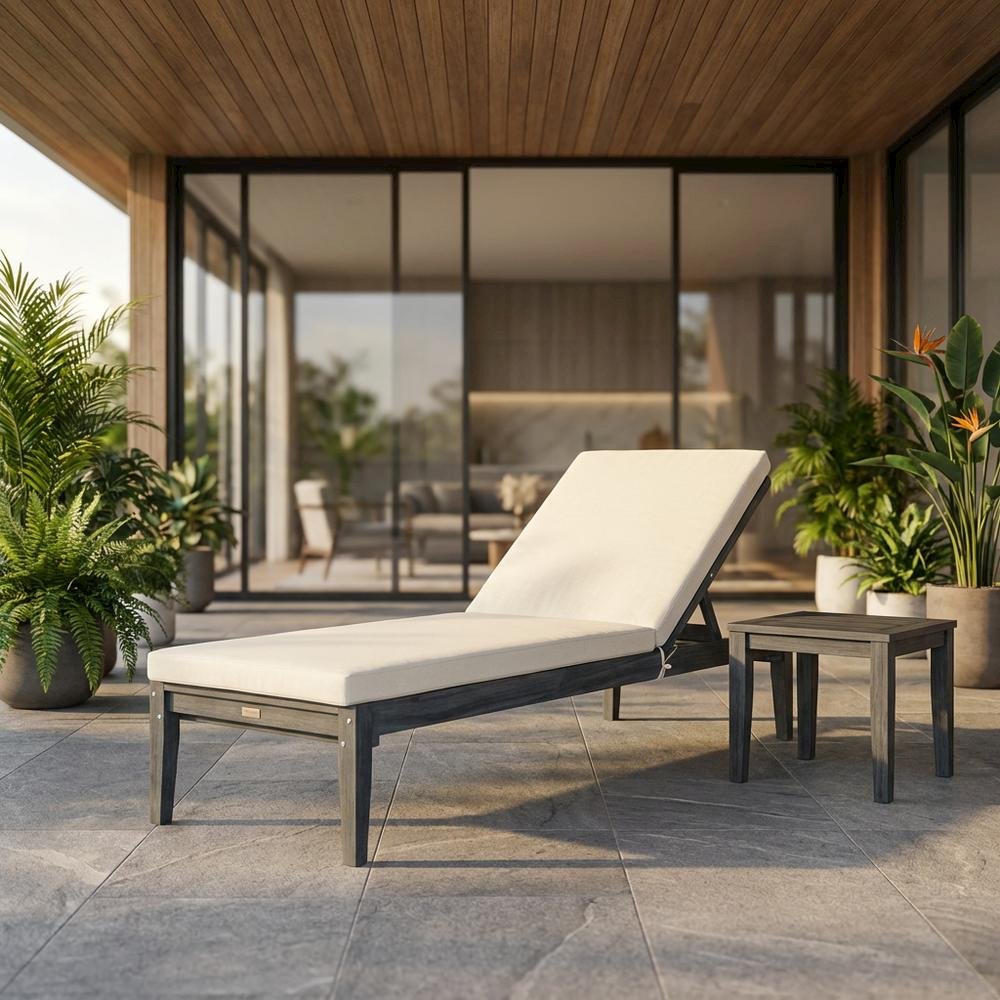 Grey Acacia Sunlounger with Aluminum Frame and Polyester Cushion for Outdoor. Picture 2
