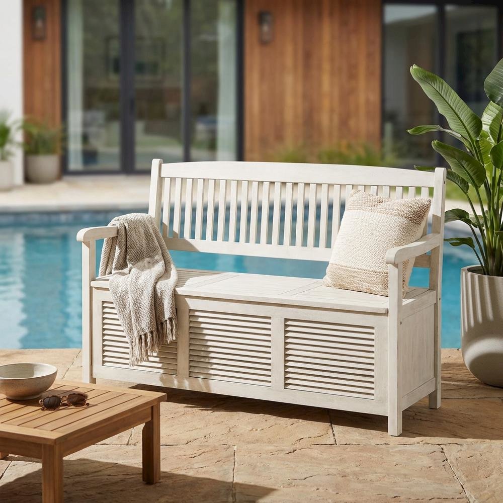 Outdoor Storage Bench In Distressed White, Galvanized Steel Frame, Metal Casters. Picture 3