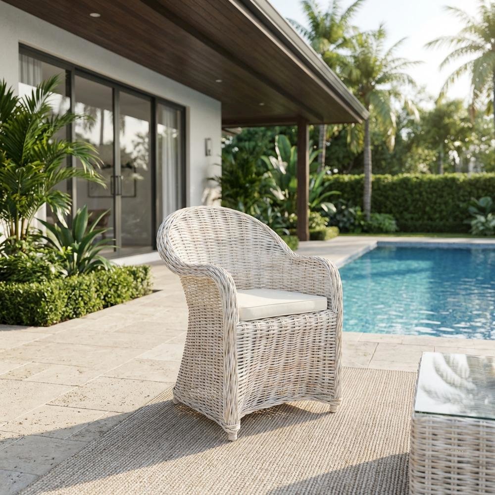 Outdoor Wicker Club Chair with Rattan Frame and White Cotton Cushion. Picture 3