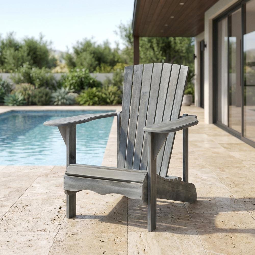 Acacia Wood Adirondack Chair With Ash Grey Finish And Galvanized Steel Hardware. Picture 3