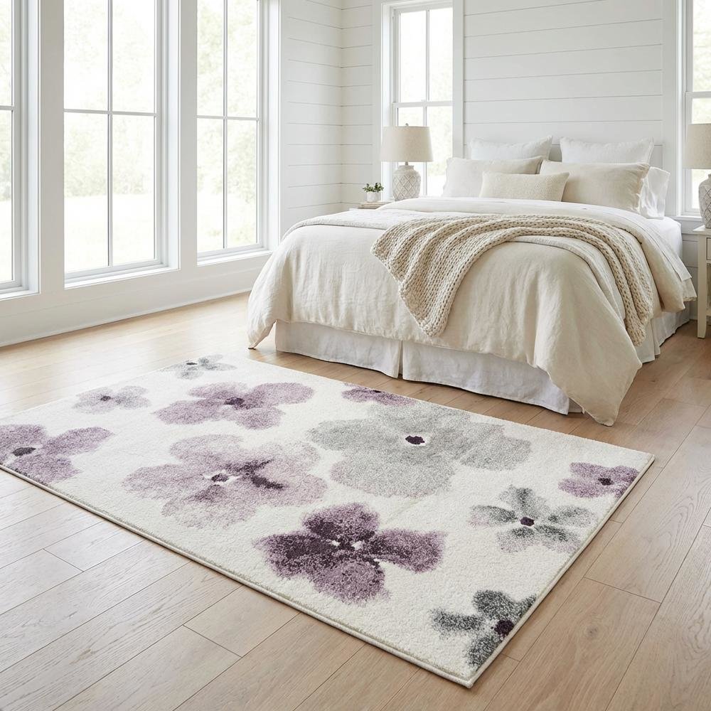 Ivory and Purple Area Rug with Power Loomed Polypropylene Pile, Rectangle Design. Picture 2