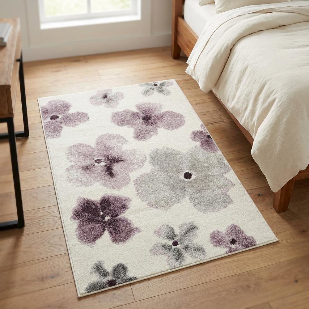 Ivory and Purple Area Rug with Power Loomed Polypropylene Pile, Rectangle Design. Picture 3