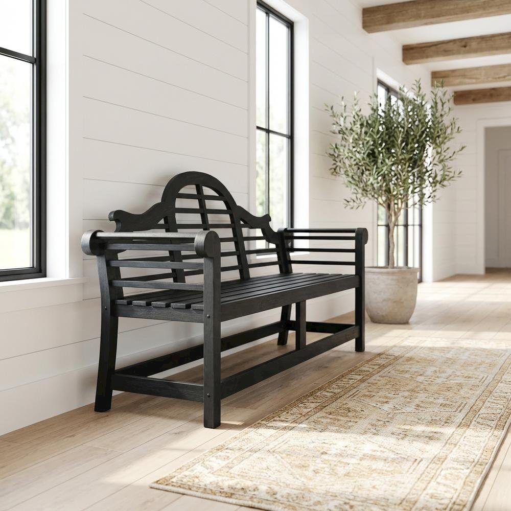 Dark Slate Grey Acacia Bench with Galvanized Steel Frame for Outdoor Use. Picture 2