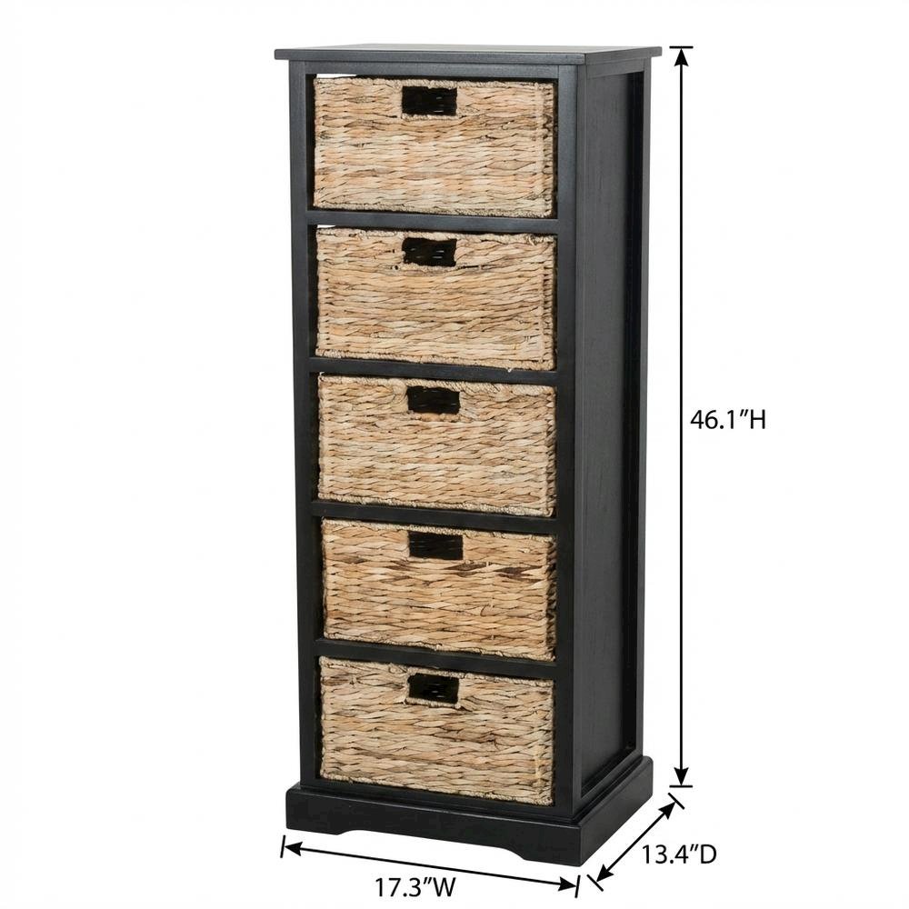 Black 5-Tier Wicker Basket Storage Tower, Wood Frame, Vertical Design. Picture 7
