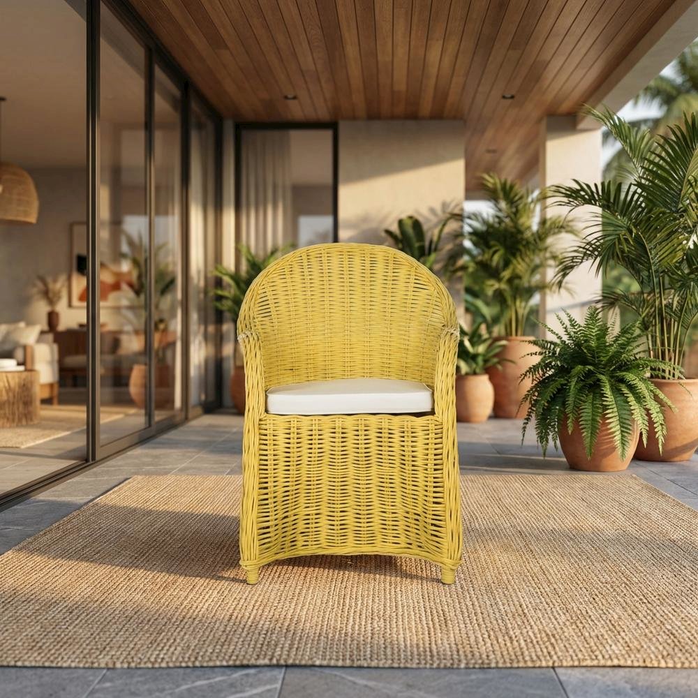Outdoor White Rattan Wicker Club Chair With Armrests And Cushioned Seat. Picture 2