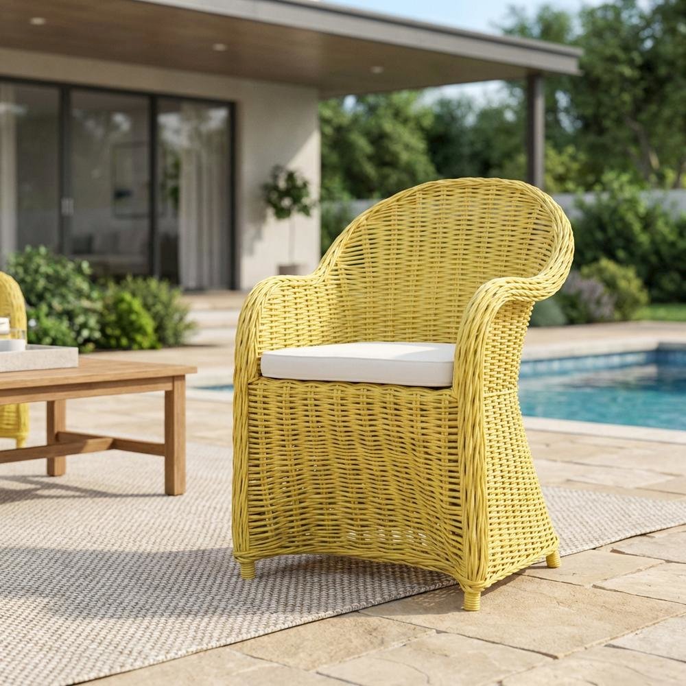 Outdoor White Rattan Wicker Club Chair With Armrests And Cushioned Seat. Picture 3