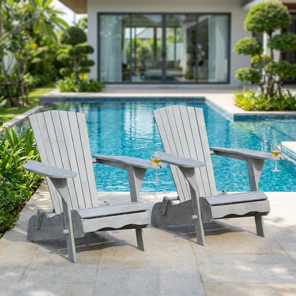 Set Of 2 Grey Wash Eucalyptus Adirondack Chairs For Outdoor Use. Picture 3
